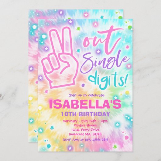 ピースアウト独身のデジットヒッピー絞り染め誕生日 招待状 (正面/裏面)