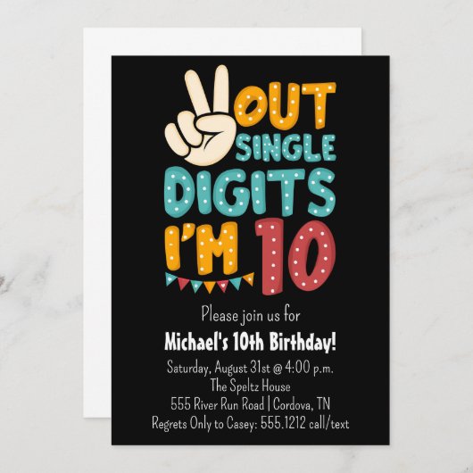 ピースアウト独身の桁数10番目の誕生日招待状 招待状 (正面/裏面)