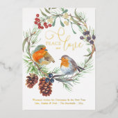 ピースアンドラブクリスマスロビンパインリース金ゴールド 箔シーズンカード (正面)