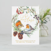 ピースアンドラブクリスマスロビンパインリース金ゴールド 箔シーズンカード (立ち正面)