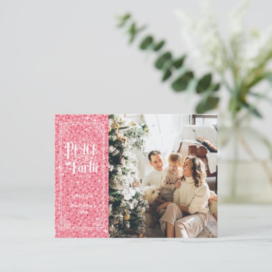 ピースオンアースきらめくピンクグリッタークリスマス シーズンポストカード (スタンド正面)