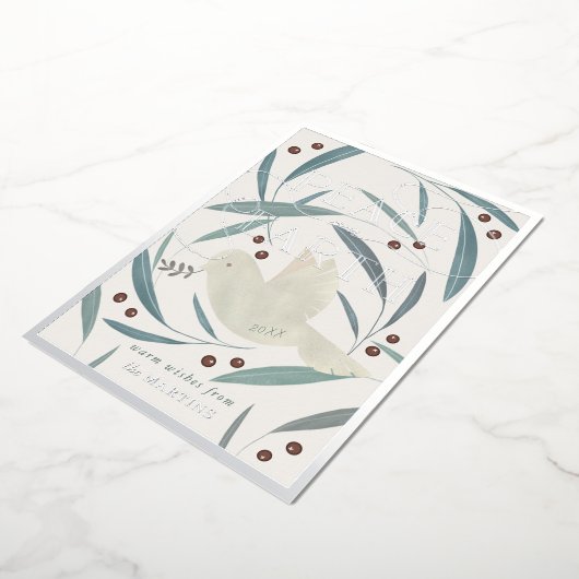 ピースオンアースドーヴクリームシルバーフォイルホリデーカード 箔招待状 (回転した状態)