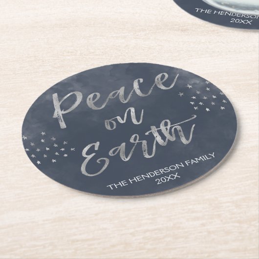 ピースオンアースブルーとシルバーウォーターカラーコースター ラウンドペーパーコースター (アングル)