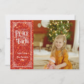 ピースオンアースレッドきらめくグリッタークリスマス シーズンカード (正面)