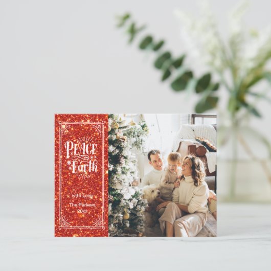 ピースオンアースレッドきらめくグリッタークリスマス シーズンポストカード (スタンド正面)
