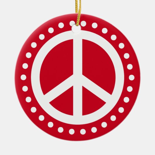 ピースオンアース赤と白水玉模様 セラミックオーナメント (正面)