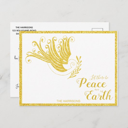 ピースオンアース金ゴールド鳩ホワイトクリスマス シーズンポストカード (正面/裏面)
