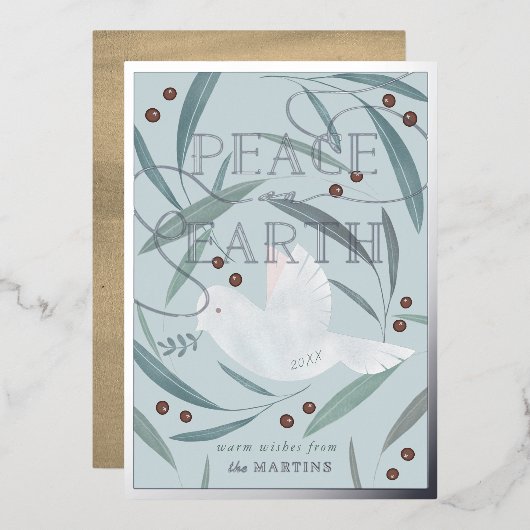 ピースオンアースDoveブルーシルバーフォイルホリデーカード 箔招待状 (正面/裏面)