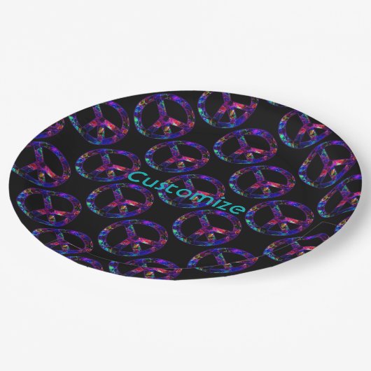 ピースカラフルサイン模様ブラックプレート ペーパープレート (アングル)