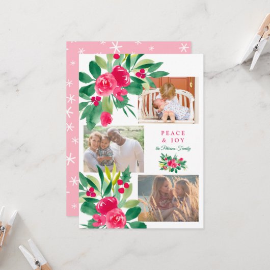 ピースクリスマスフローラ水の色3枚の写真snow カード (正面/裏面インサイチュ)