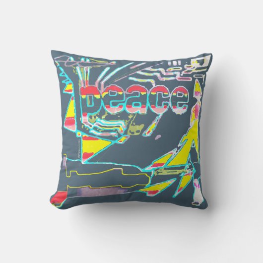 ピースグラフィックレッドイエローアクアピンクホワイト石板 クッション (正面)
