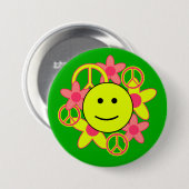 ピースサインおよび花が付いているスマイルの顔 缶バッジ (正面&裏面)