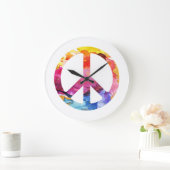 ピースサインのヒッピーの女の子70sの水彩画の芸術 ラージ壁時計 (ホーム)