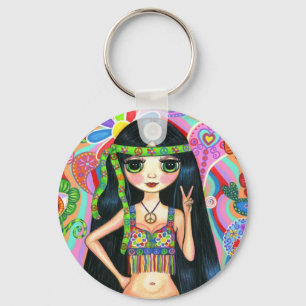 ピースサインのヒッピーの女の子Keychain キーホルダー