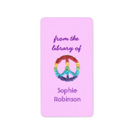 ピースサインの名前入りな蔵書票-ピンクの垂直 ラベル