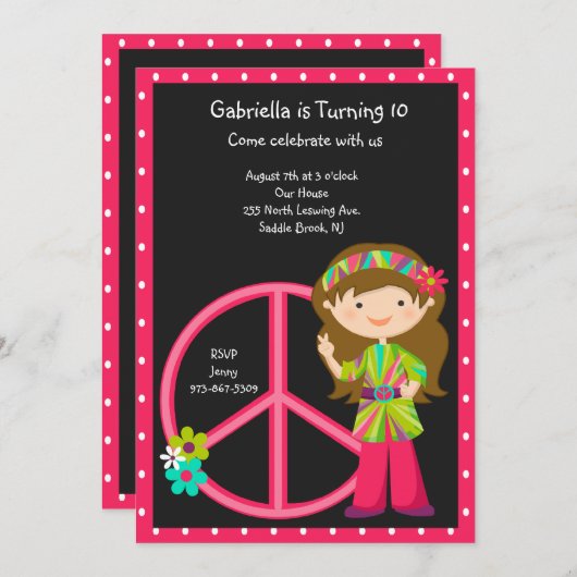 ピースサインの女の子の招待のヒッピーの女の子 招待状 (正面/裏面)