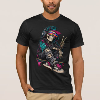 ピースサインを掲げるスケートボードのスケルトンのイラスト Tシャツ