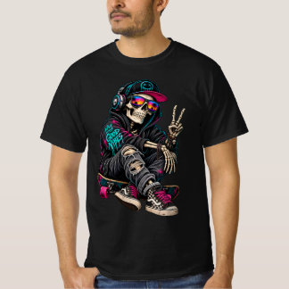 ピースサインを掲げるバイブラントスケートボードのスカル Tシャツ
