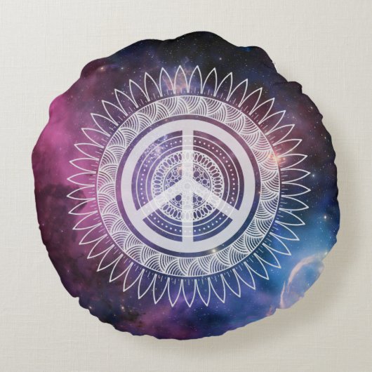 ピースサインシンボルマンダラ宇宙ヒッピレースのようー宇宙 ラウンドクッション (裏面)