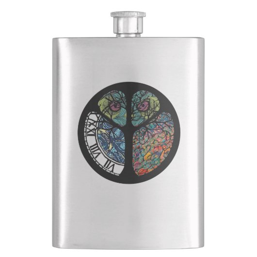 ピースサインツリーフクロウカラフルデザイン フラスク (正面)