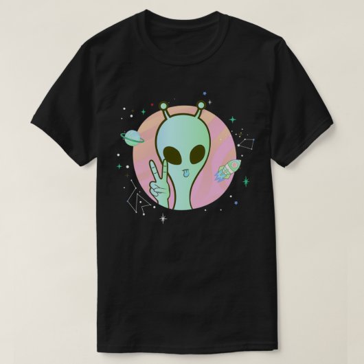 ピースサインハンドプラネットスターUFOグリーンカッコいいトリップ（幻覚体験）のような星 Tシャツ (デザイン正面)