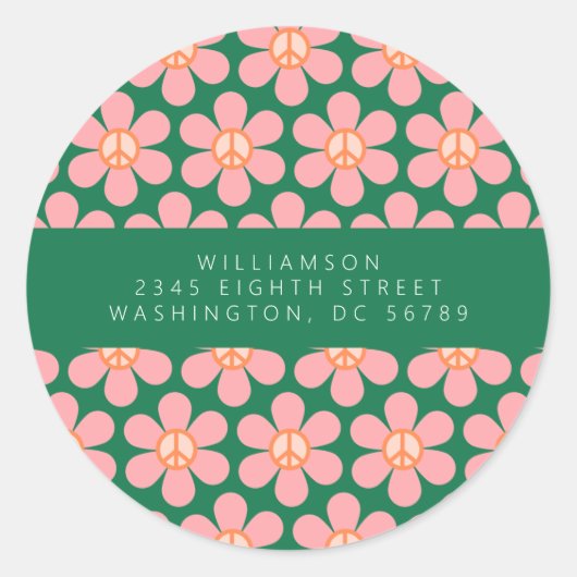 ピースサインフラワーグリーンピンクシャワー差出人住所 ラウンドシール (正面)