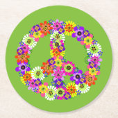 ピースサインフローラオンライムグリーン ラウンドペーパーコースター (正面)