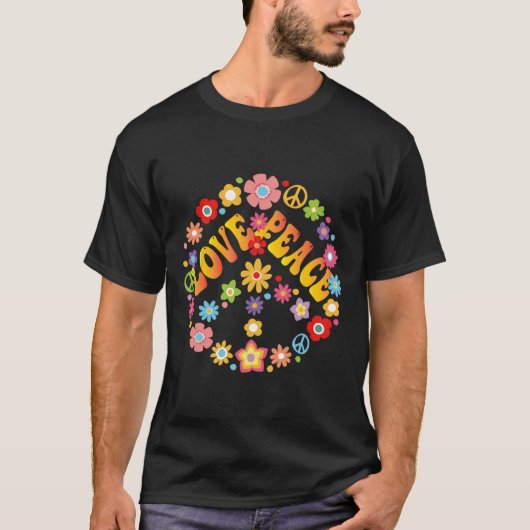 ピースサインラブ60s 70s溝深いヒッピー衣装ホール tシャツ (正面)