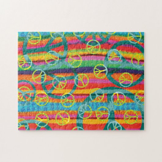 ピースサインレトロピンクイエローターコイズ水彩 ジグソーパズル (横)