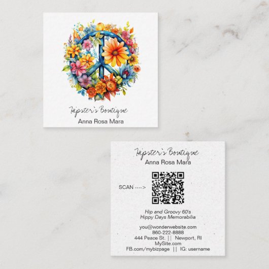*~*ピースサインAP57ボホQRレトロヴィンテージ花 スクエア名刺 (正面/裏面)