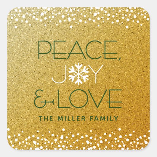 ピースジョイラブスノーフレークタイポグラフィ金ゴールドホリデー スクエアシール (正面)