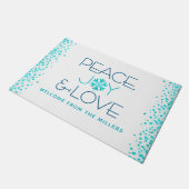 ピースジョイラブホリデーターコイズスノーフレークネーム ドアマット (アングル)