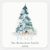 ピーススノーウォーターカラーパインクリスマスツリーギフト スクエアシール (正面)