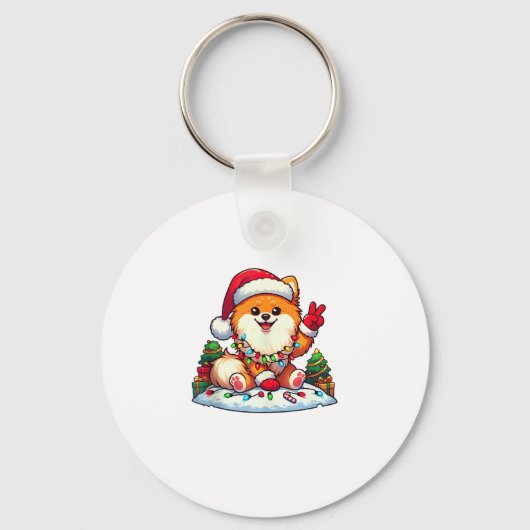 ピースハンドおもしろいポメラニア犬クリスマスライトウィメンズ キーホルダー (正面)