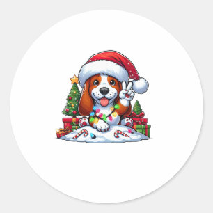 ピースハンドバセットハウンドクリスマスライトドッグウィメンズ ラウンドシール
