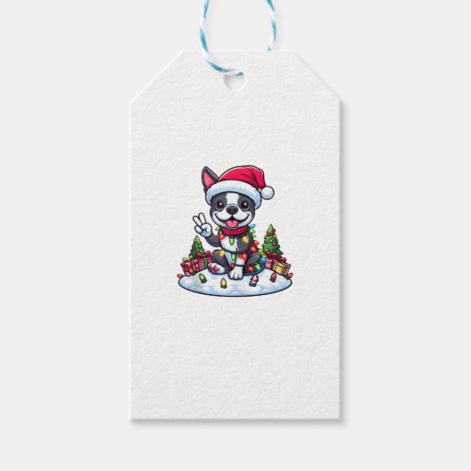 ピースハンドボストンテリアクリスマスライトウィメンズ ギフトタグ (正面)
