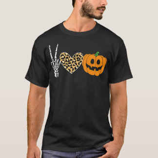 ピースハートラブ秋パンプキンハロウィーンレオパード Tシャツ