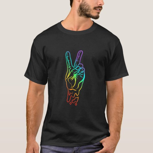 ピースピースハンドサイン虹の色 Tシャツ (正面)