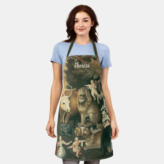ピースブルキングダムバイエドワード・ヒックスヴィンテージフォークアート エプロン (着用した状態)