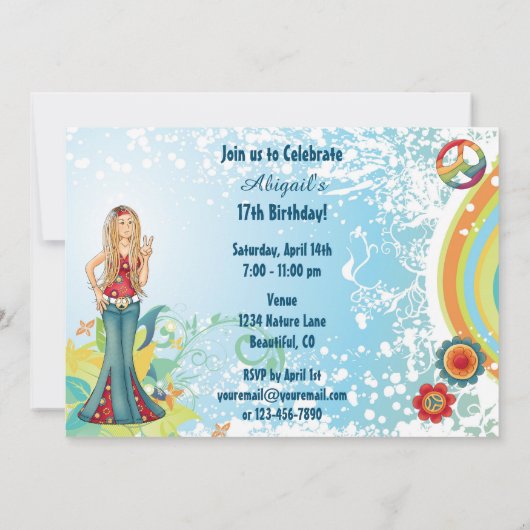 ピースブロンドヒッパイガールフラワー誕生日招待状 招待状 (裏面)