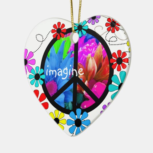 ピースマークおよびレトロの花を想像して下さい セラミックオーナメント (左)