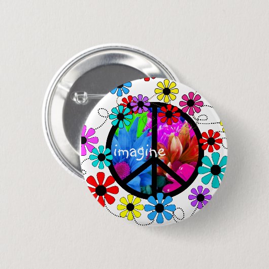 ピースマークおよびレトロの花を想像して下さい 缶バッジ (正面&裏面)