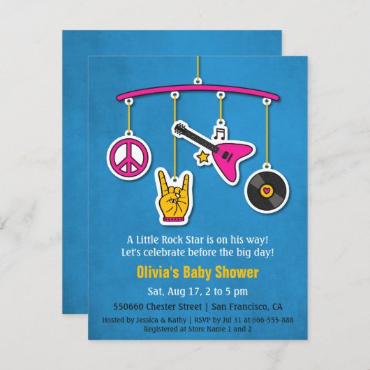 ピースミュージックギターロックアンドロール赤ちゃんシャワー 招待状 (正面/裏面)