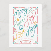 ピースメリージョイラブホープハンドドローブライトホリデー ポストカード (正面)