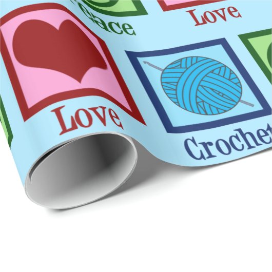 ピースラブかぎ針編み可愛い青い糸の柄 ラッピングペーパー (ロールコーナー)