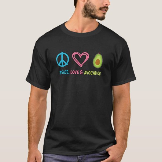 ピースラブとアボカドスおもしろいフルーツ Tシャツ (正面)