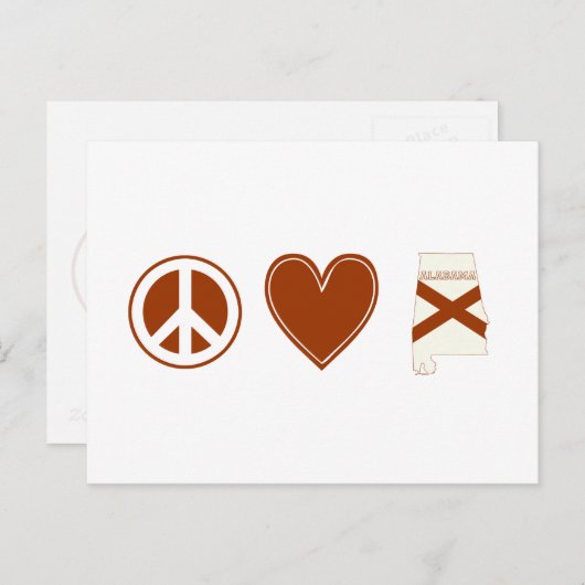 ピースラブアラバマ地図の形をした州旗赤いハート ポストカード (正面/裏面)
