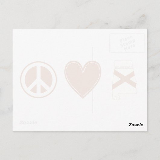 ピースラブアラバマ地図の形をした州旗赤いハート ポストカード (裏面)