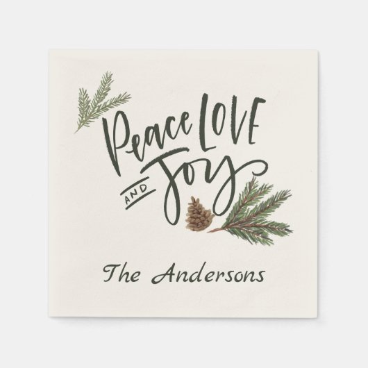 ピースラブアンドジョイパーソナライズされたーホリデイ スタンダードカクテルナプキン (正面)