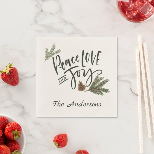 ピースラブアンドジョイパーソナライズされたーホリデイ スタンダードカクテルナプキン (インサイチュ)